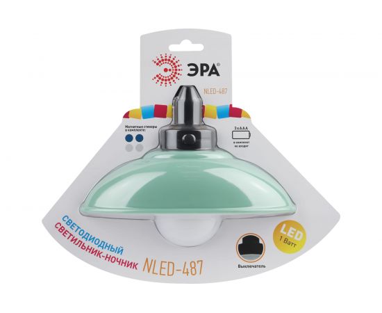 Светодиодный ночник-светильник ЭРА NLED-487-1W-SW-GR настенный, на батарейках, с выключателем, зеленый, Б0051476 