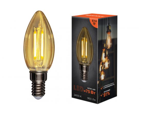 Филаментная лампа REXANT Свеча CN35 9.5 Вт 2400K E14 золотистая колба 604-099 