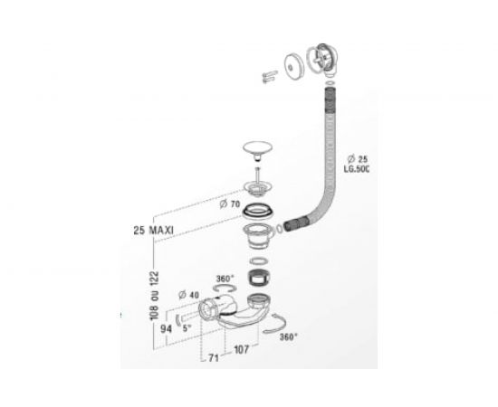 Слив-перелив для ванны Nicoll 650 мм, автоматический, слив D40 B620P-0203566 – изображение 2