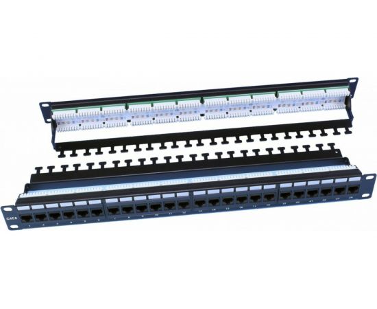 Патч-панель Hyperline, PP3-19-24-8P8C-C6-110D, 19"", 1U, 24 порта RJ-45, категория 6, Dual IDC, ROHS, цвет черный, задний кабельный организатор в комплекте, 246107 