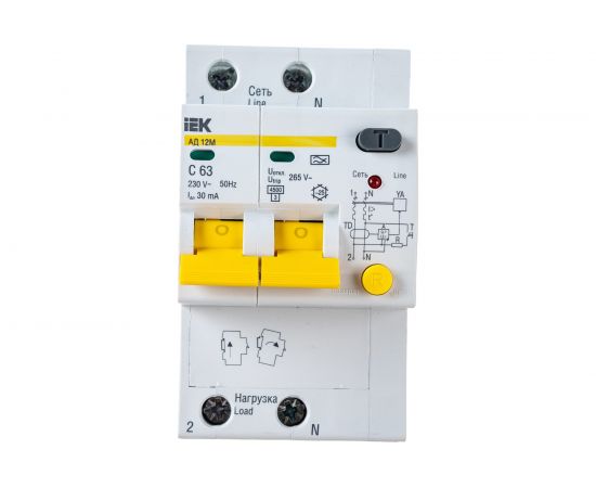 Дифференциальный автоматический выключатель тока IEK АД-12М C, 63A, 30mA, тип A, 4.5kA, 2п, 4модуля MAD12-2-063-C-030 – изображение 4