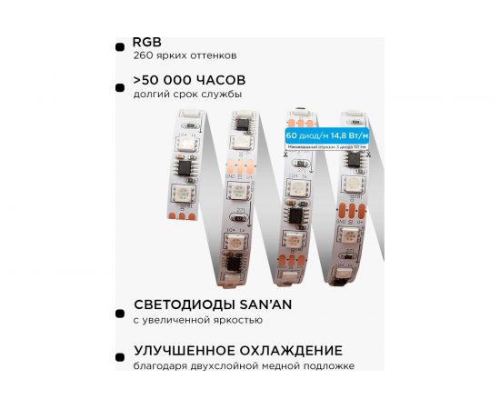 Комплект цифровой светодиодной ленты Apeyron 12В, 14,4Вт/м, smd5050, 60д/м, IP65, подложка 10мм/белая, 2м, rgb 84ЦЛ – изображение 4