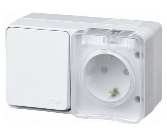 Блок: розетка с заземлением со шторками 16А 250B и 2-клавишный выключатель 10А Schneider Electric AtlasDesign AtlasDesign PROFI IP54 открытой установки ATN540170 