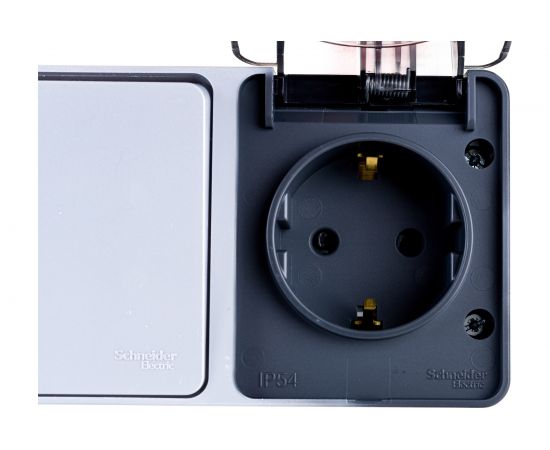 Блок: розетка с заземлением со шторками 16А 250B и 1-клавишный выключатель 10А Schneider Electric AtlasDesign AtlasDesign PROFI IP54 открытой установки ATN544070 – изображение 4