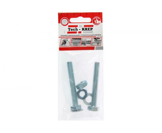Болт Tech-Krep DIN933 с шестигранной головкой, оцинкованный М12х90 + гайка + шайба 2 шт - пакет 136927 – изображение 4
