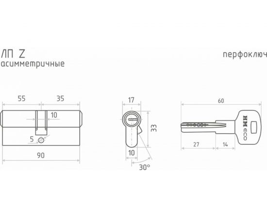 Цилиндровый механизм НОРА-М ЕСО Z ЛП-90 55-35 латунь 16564 – изображение 5