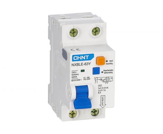 Дифференциальный автоматический выключатель CHINT, NXBLE-63Y, 1P+N, 32А, 30mA, электронный тип AС, характеристика С, 4.5kA 105545 