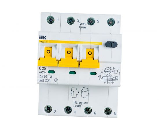 Автоматический выключатель дифференциального тока IEK 3п+N 2модуля C 25A 30mA тип A 6kA АВДТ-34 ИЭК MAD22-6-025-C-30 