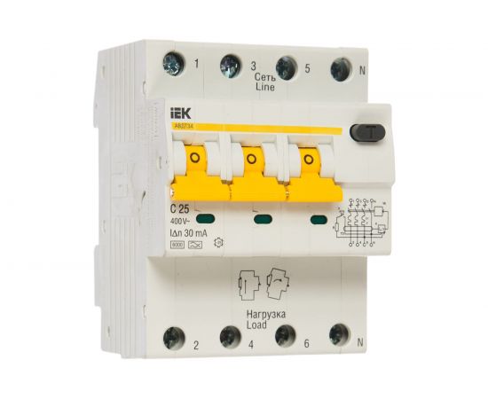Автоматический выключатель дифференциального тока IEK 3п+N 2модуля C 25A 30mA тип A 6kA АВДТ-34 ИЭК MAD22-6-025-C-30 – изображение 2