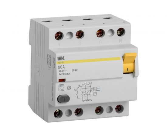 Дифференциальный выключатель IEK, УЗО, 4п, 80А, 100мА, ВД1-63, АС, ИЭК, MDV10-4-080-100 