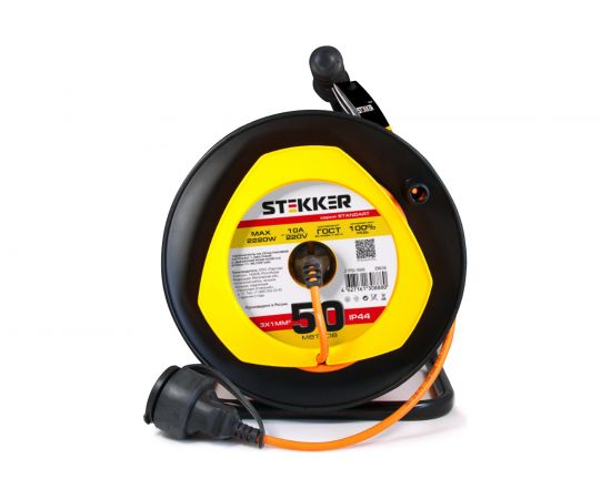 Удлинитель на пластиковой катушке STEKKER STD02-11-50, 50м, 1 гнездо, с заземлением 3х1, оранжевый, 39636 