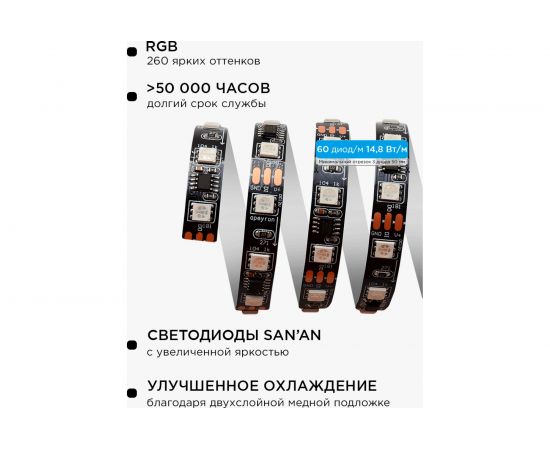 Комплект цифровой светодиодной ленты Apeyron 12В, 14,4Вт/м, smd5050, 60д/м, IP20, подложка 10мм/черная, 5м, rgb 83ЦЛ – изображение 4