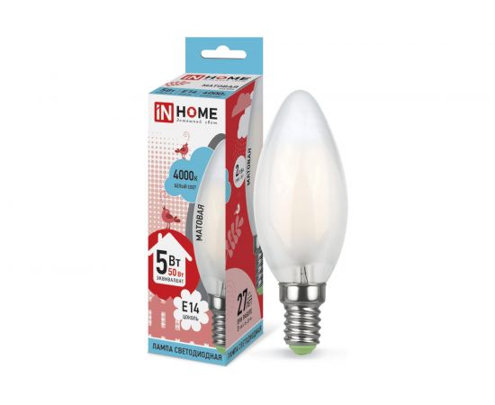 Лампа IN HOME LED-СВЕЧА-deco 5Вт 230В Е14 4000К 450Лм матовая 4690612006765 