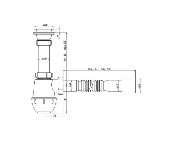 Сифон для умывальника/мойки АНИ Пласт бутылочный, 1 1/2 дюйма x 40 мм, гофрированный, 40х40/50 мм, нержавеющая сетка A0115 025-0129 – изображение 4