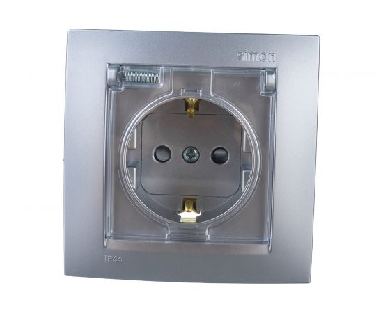 Розетка Simon с заземлением, Schuko, со шторками, с крышкой, IP44, 16А, 250В, алюминий 1590450-033 