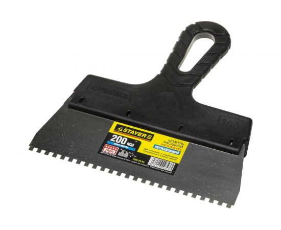 Нержавеющий зубчатый шпатель с пластмассовой ручкой, 200мм, зуб 4х4мм STAYER 1009-20-04 
