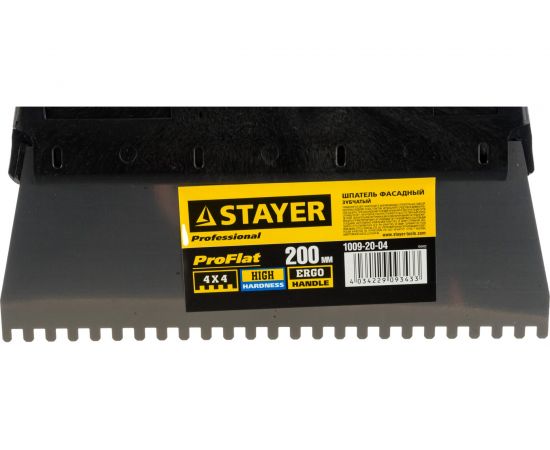 Нержавеющий зубчатый шпатель с пластмассовой ручкой, 200мм, зуб 4х4мм STAYER 1009-20-04 – изображение 2