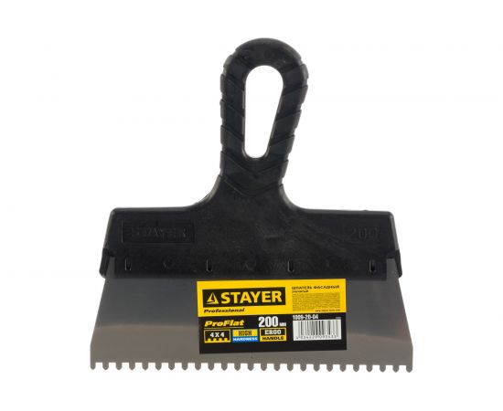 Нержавеющий зубчатый шпатель с пластмассовой ручкой, 200мм, зуб 4х4мм STAYER 1009-20-04 – изображение 3
