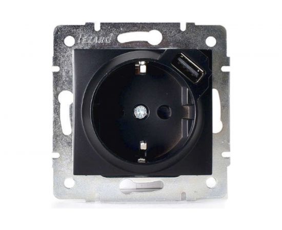 Розетка Lezard KARINA с заземлением + USB разъём, чёрный бархат 707-4288-181 