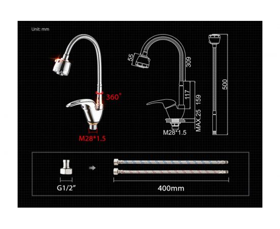 Смеситель для кухни LEDEME картридж диаметр 40 мм, с гибким изливом, с гайкой, силумин L4302-B 806698 – изображение 6