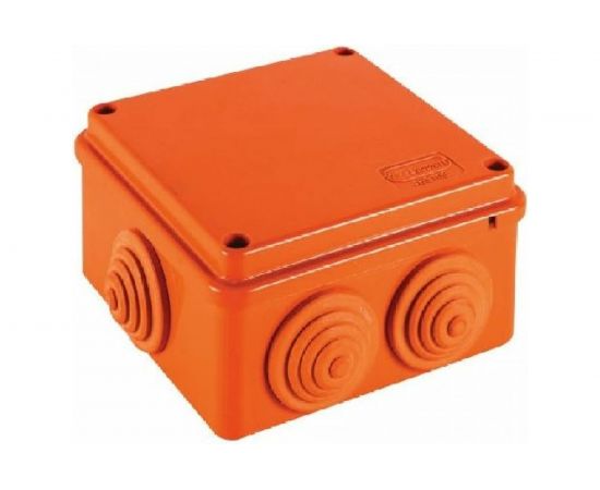 Огнестойкая коробка Экопласт JBS100 E110, о/п 100х100х55, 6 выходов, IP55, 5P, цвет оранжевый 43057HF 
