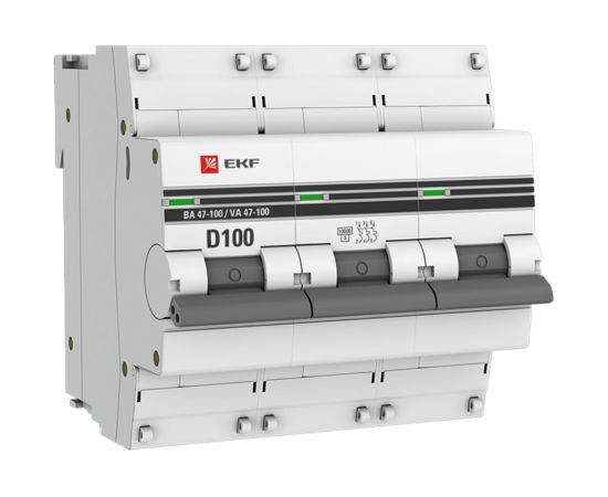 Автоматический трехполюсный выключатель EKF 100А D ВА47-100 10кА PROxima mcb47100-3-100D-pro 7370370 