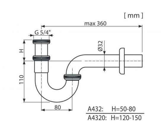 Сифон для умывальника Alca Plast A432 диаметр 32, U-форма, цельнометаллический 00026837 – изображение 2