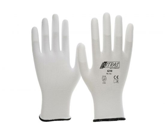 Трикотажные бесшовные перчатки Nitras, белые, ПУ покрытие кончиков пальцев, класс 13G, р.8, 12 пар 6210-812 