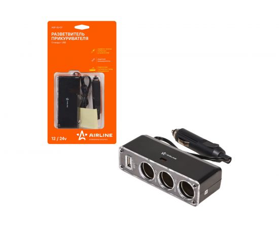 Прикуриватель-разветвитель на 3 гнезда + USB черный Airline ASP-3U-07 