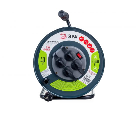 Силовой удлинитель ЭРА RMx4e, s3x1.5-40m-IP44, на металлической катушке, с заземлением, 4 гнезда, 40м, ПВС 3х1.5 Б0046851 