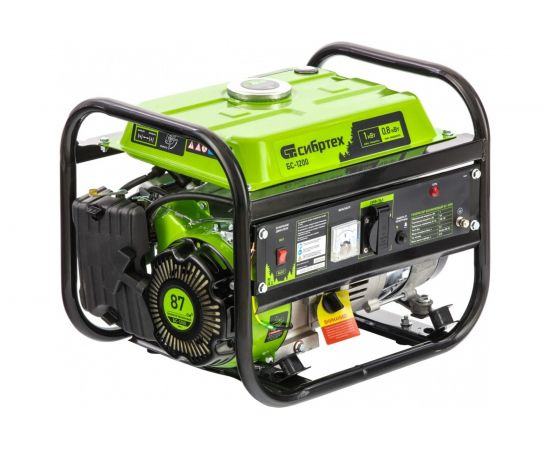 Бензиновый генератор СИБРТЕХ БС-1200, 1 кВт, 230 В, 4-х такт., 5,5 л, ручной стартер 94541 