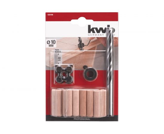 Набор шкантов KWB 25 шт 10х40 мм, сверло по дереву, маркеры, ограничитель 28106 – изображение 2