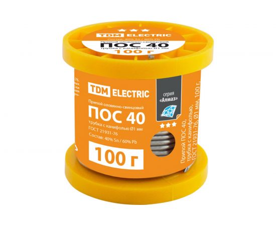 Припой ПОС 40 трубка с канифолью серия Алмаз (1 мм, 100 г, ГОСТ 21931-76, катушка) TDM SQ1025-0322 
