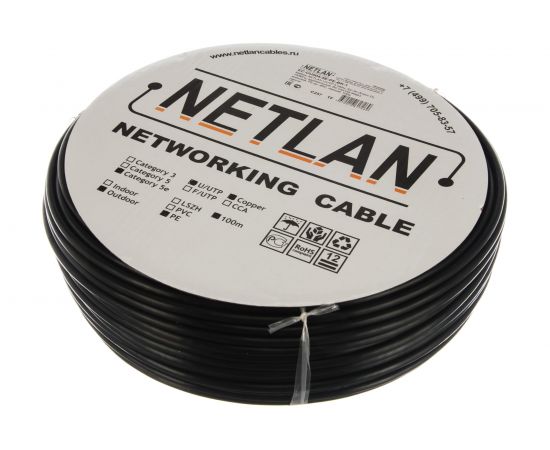 Кабель NETLAN U/UTP 4 пары, категория 5e, внешний, PE до -40C, черный, 100м EC-UU004-5E-PE-BK-1 