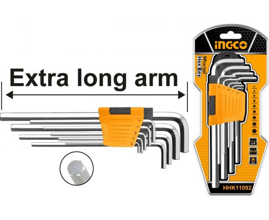 Набор шестигранников INGCO HEX 1.5-10мм Extra Long INDUSTRIAL HHK11092 – изображение 2