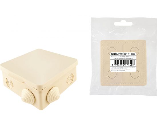 Распаячная коробка TDM ОП 80х80х50мм, крышка, IP54, 7вх., сл. кость, инд. штрихкод SQ1401-0932 