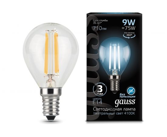 Лампа Gauss LED Filament Шар E14 9W 710lm 4100K 105801209 – изображение 2
