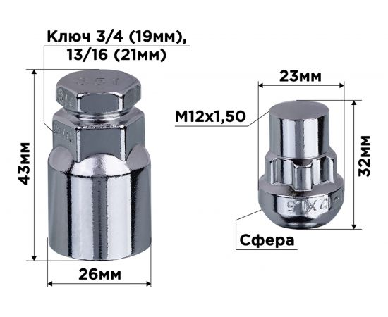 Гайки секретки M12x1.50, 32 мм, сфера закр 5 луч 2 кл, хром 003, 4 шт SKYWAY S10702003 – изображение 3