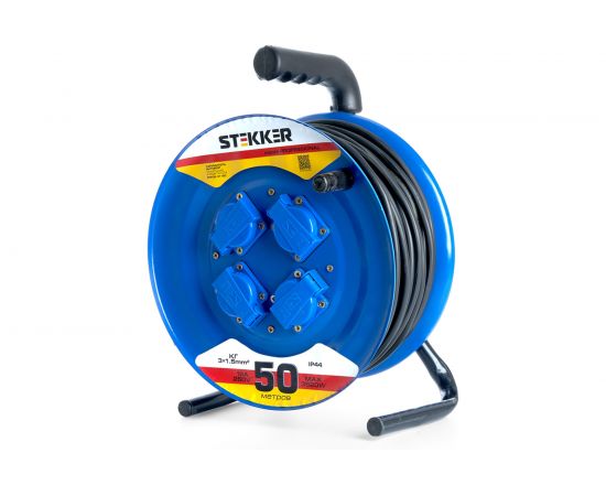 4-местный удлинитель на металлической катушке STEKKER с заземлением PRF02-31-50, 50м, 3х1,5, синий 39787 
