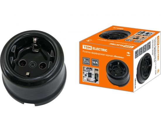 Розетка TDM фарфоровая 2П+З 16А 250В черная «Болонь» SQ1820-0008 