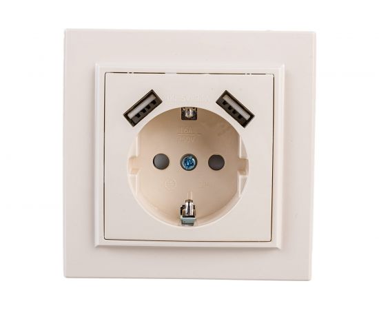 1-местная розетка EKF Минск СП 16А с заземлением, с защитными шторками, с 2 USB 2.1А, бежевая SQERR16-028-200-2USB 