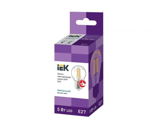 Лампа IEK серия 360, LED, G45, шар прозрачный, 5вт, 230В, 4000К, E27 LLF-G45-5-230-40-E27-CL – изображение 2