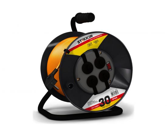 Удлинитель на пластиковой катушке STEKKER STD02-41-30, 30м, 4 гнезда с заземлением 3х1,0, оранжевый, 39708 