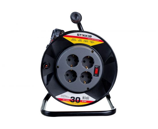 Удлинитель на пластиковой катушке STEKKER STD02-41-30, 30м, 4 гнезда с заземлением 3х1,0, оранжевый, 39708 – изображение 3