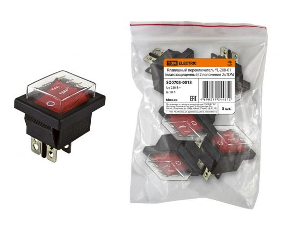 Клавишный переключатель TDM YL-208-01, черный корпус, красная клавиша, влагозащищенный, 2з SQ0703-0018 