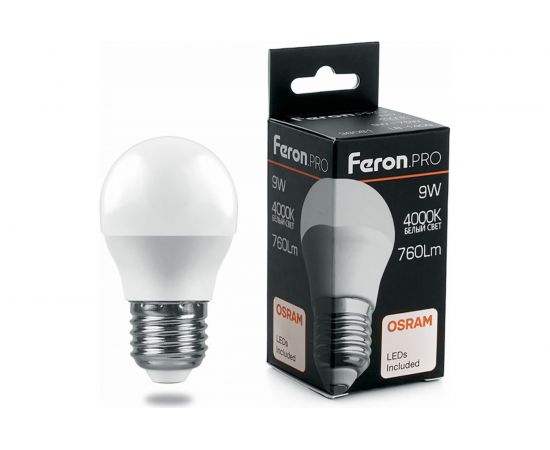 Лампа светодиодная FERON PRO LB-1409 Шарик E27 9W 4000K OSRAM LED 38081 