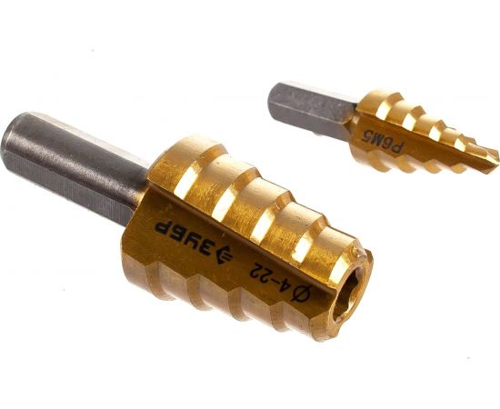 Сверло ступенчатое 2-х модульное ПРОФЕССИОНАЛ по сталям и цветным металлам (4-22 мм; 10 ступеней; Р6М5; TiN) ЗУБР 29673-4-22 – изображение 2