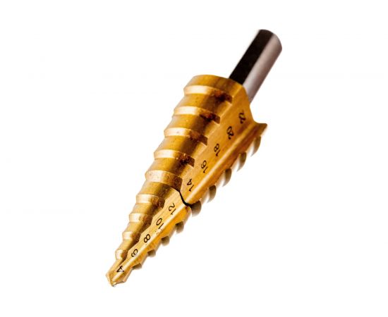 Сверло ступенчатое 2-х модульное ПРОФЕССИОНАЛ по сталям и цветным металлам (4-22 мм; 10 ступеней; Р6М5; TiN) ЗУБР 29673-4-22 – изображение 4