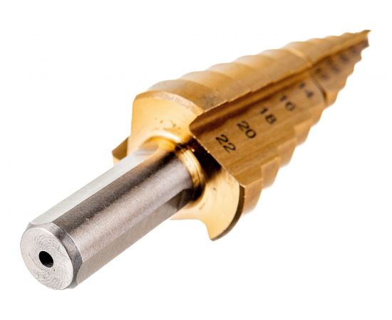 Сверло ступенчатое 2-х модульное ПРОФЕССИОНАЛ по сталям и цветным металлам (4-22 мм; 10 ступеней; Р6М5; TiN) ЗУБР 29673-4-22 – изображение 5