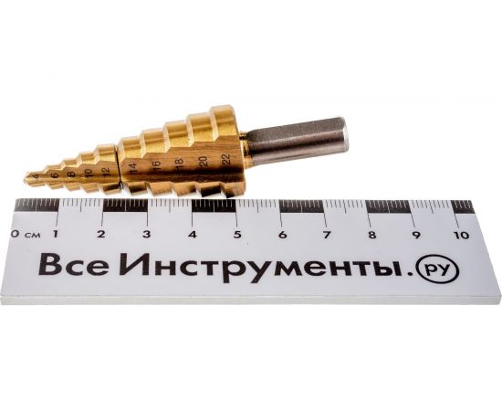 Сверло ступенчатое 2-х модульное ПРОФЕССИОНАЛ по сталям и цветным металлам (4-22 мм; 10 ступеней; Р6М5; TiN) ЗУБР 29673-4-22 – изображение 6